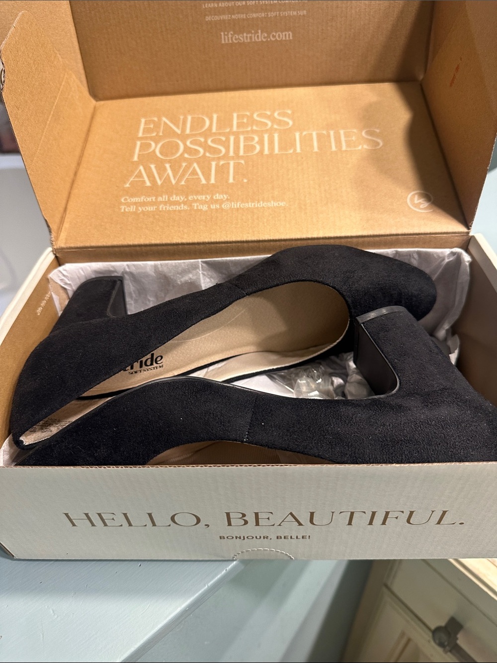 Life Stride Black Suede Mid Block Heel Pumps
